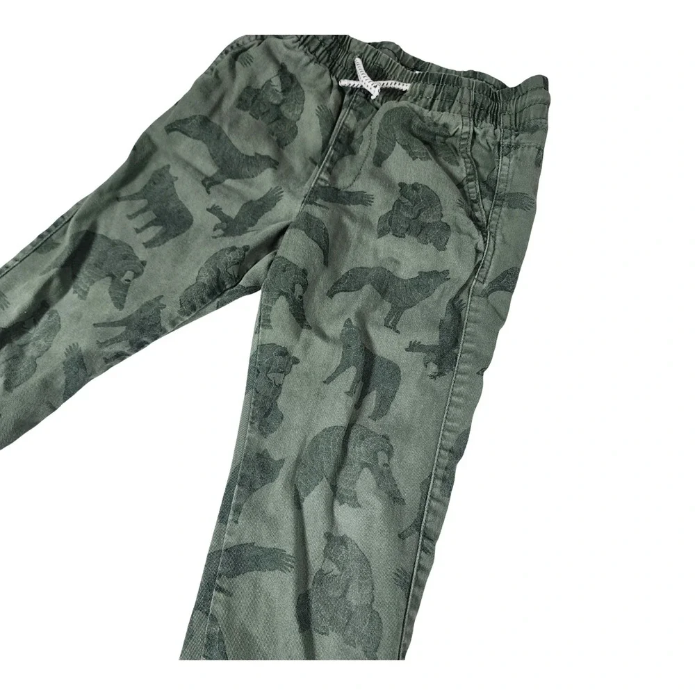 HM Kids Olive Green Woodland Bear Wolf Animal Print Cotton Joggers Size 5-6Y